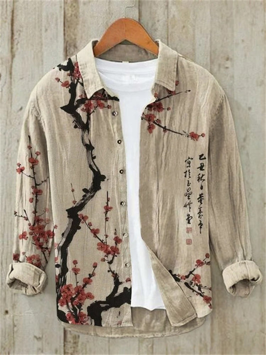 Sakura Branch Linen Shirt – Japanese Calligraphy Floral Button-Up