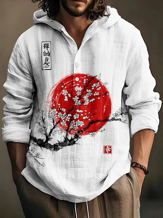 Red Sun Sakura Hoodie Shirt – Japanese Zen Blossom Linen Pullover
