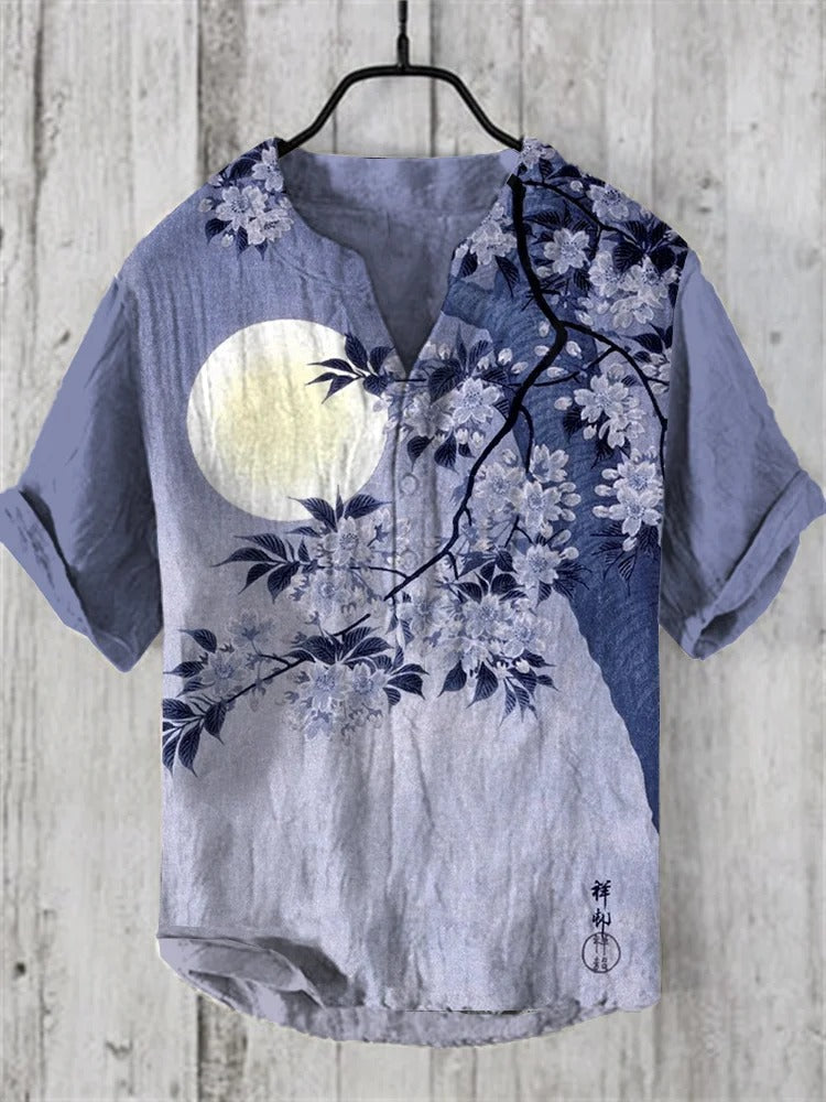Blue Floral Moon Linen Shirt – Japanese Night Blossom Summer Button-Up