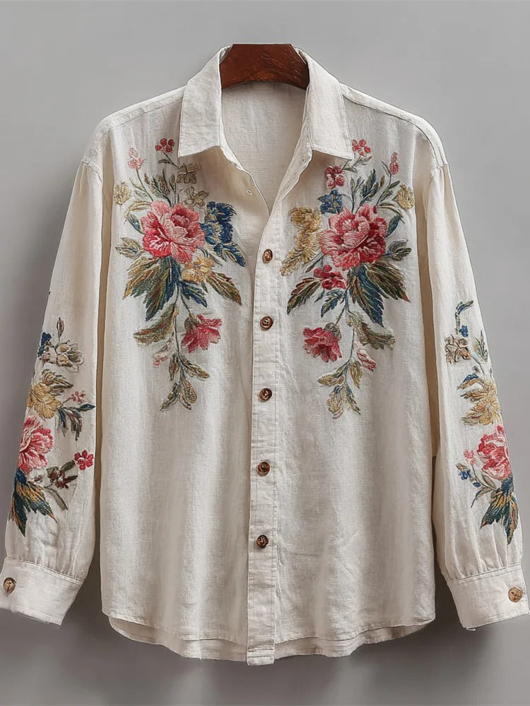 Vintage Floral Embroidered Linen Shirt – Elegant Botanical Long Sleeve Button-Up