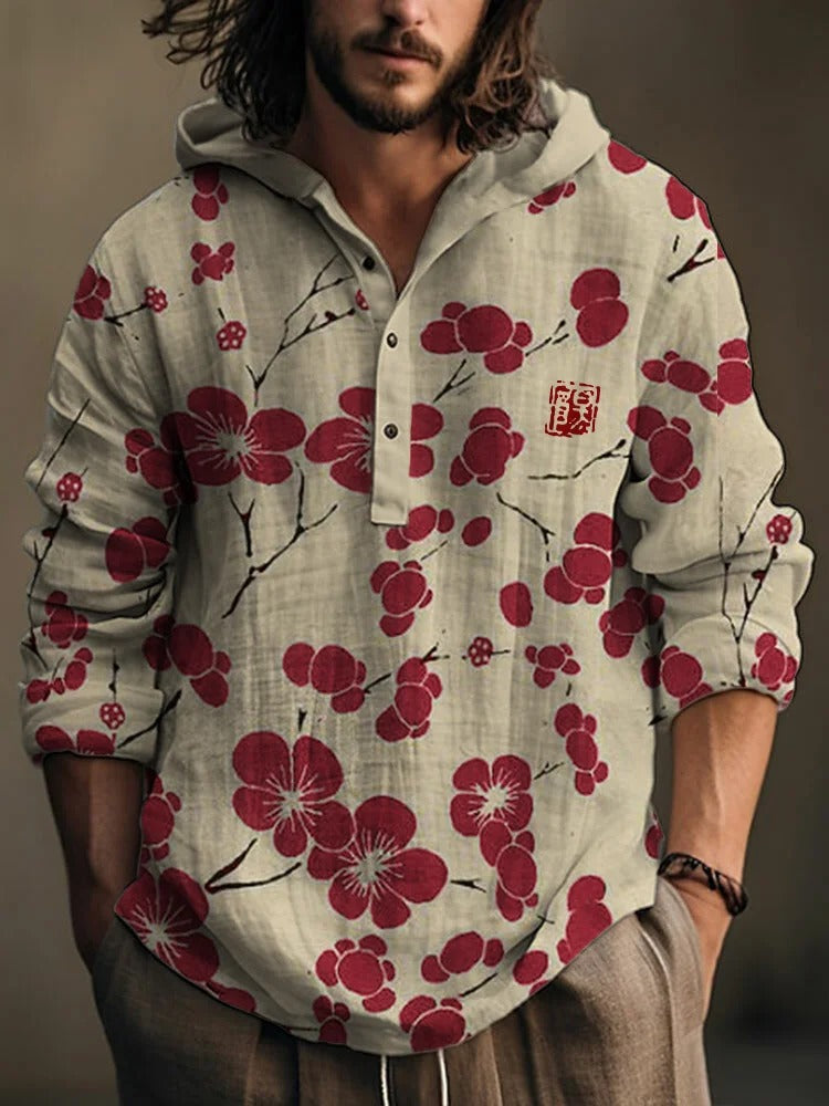 Japanese Sakura Hoodie Shirt – Minimalist Floral Linen Pullover