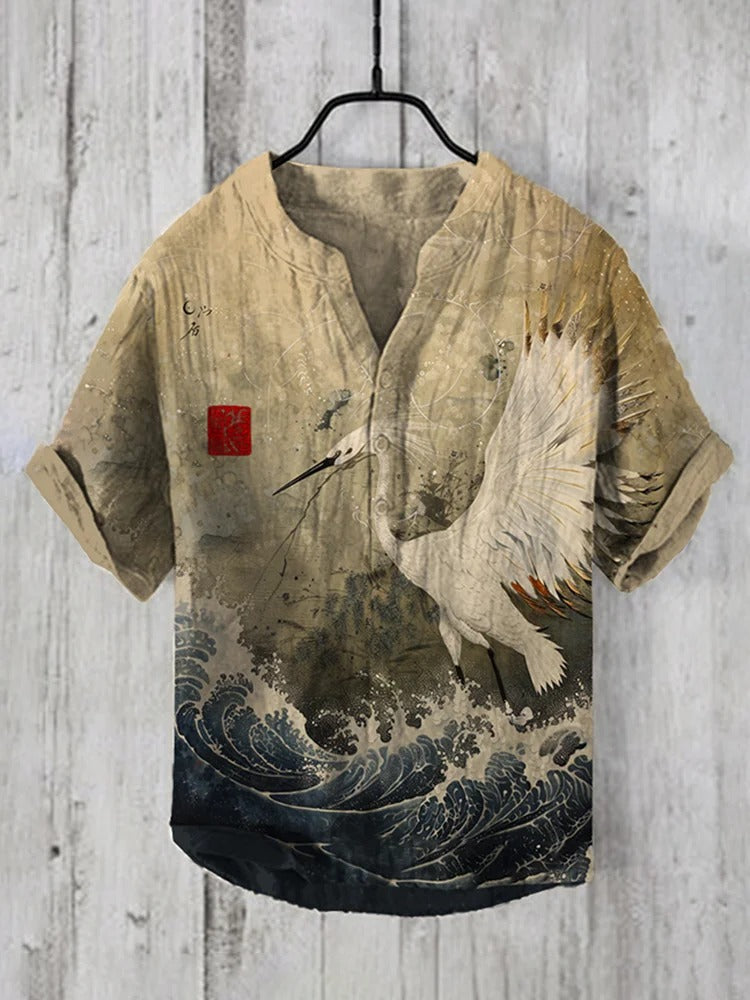 Japanese Crane Wave Linen Shirt – Vintage Ukiyo-E Style Summer Button-Up