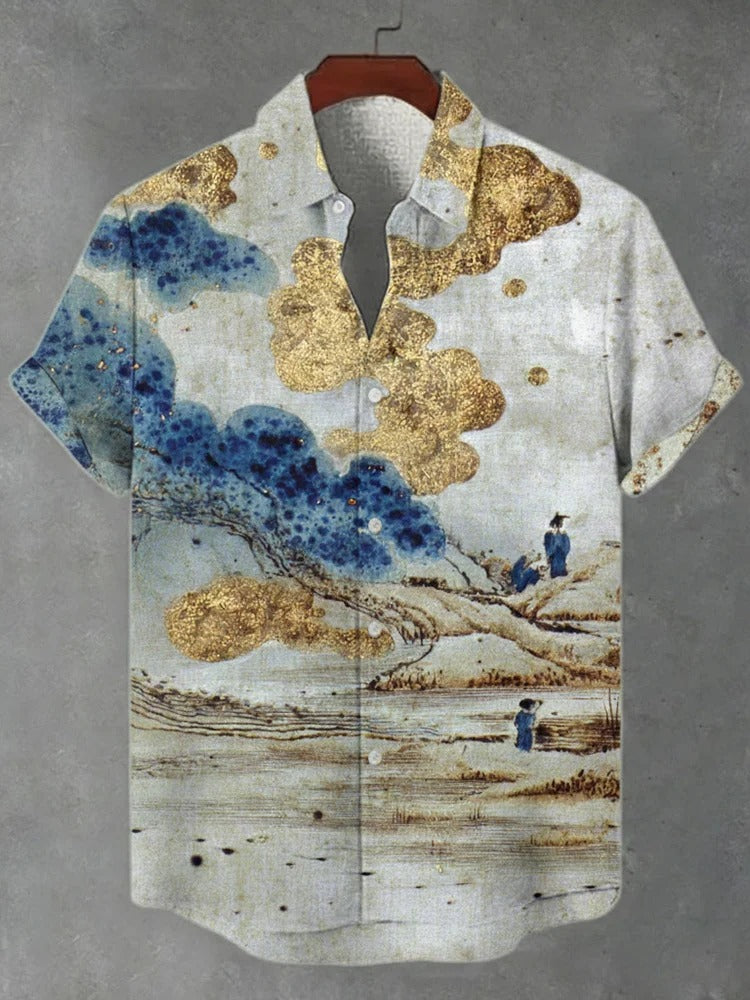 Japanese Landscape Art Linen Shirt – Gold Cloud Ukiyo-E Summer Button-Up