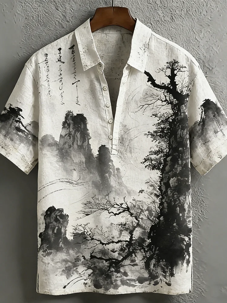 Ink Wash Landscape Linen Shirt – Japanese Sumi-E Minimalist Button-Up