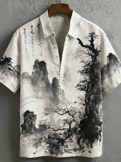 Ink Wash Landscape Linen Shirt – Japanese Sumi-E Minimalist Button-Up