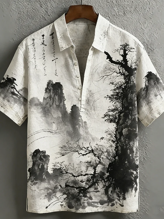 Ink Wash Landscape Linen Shirt – Japanese Sumi-E Minimalist Button-Up