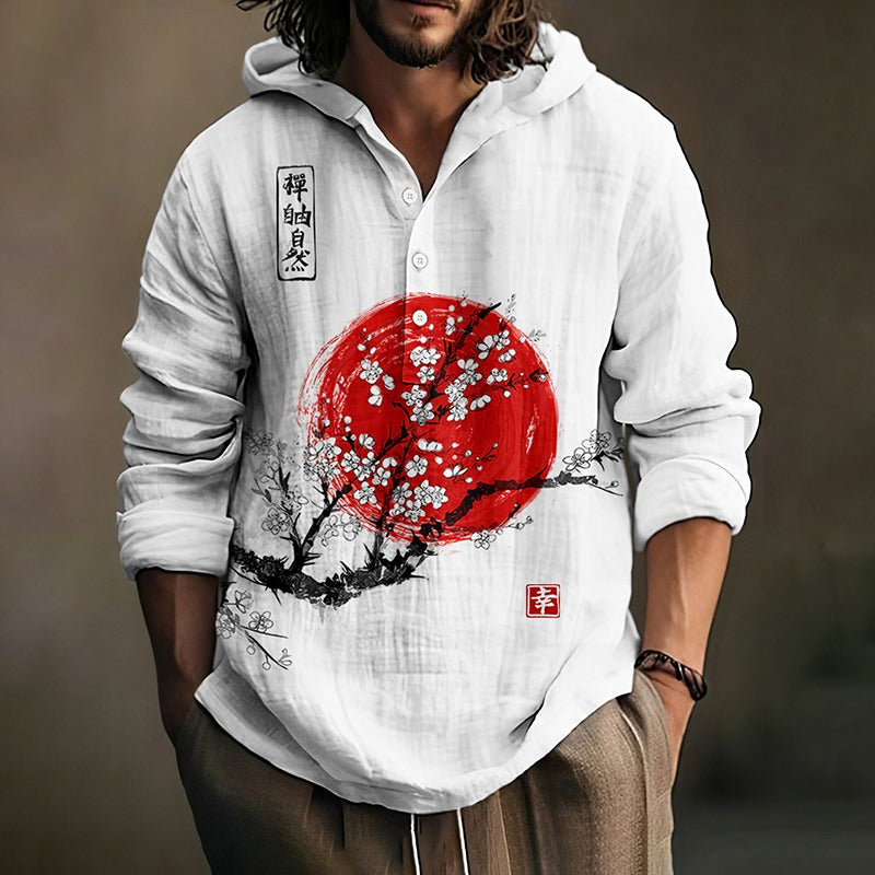 Red Sun Sakura Hoodie Shirt – Japanese Zen Blossom Linen Pullover