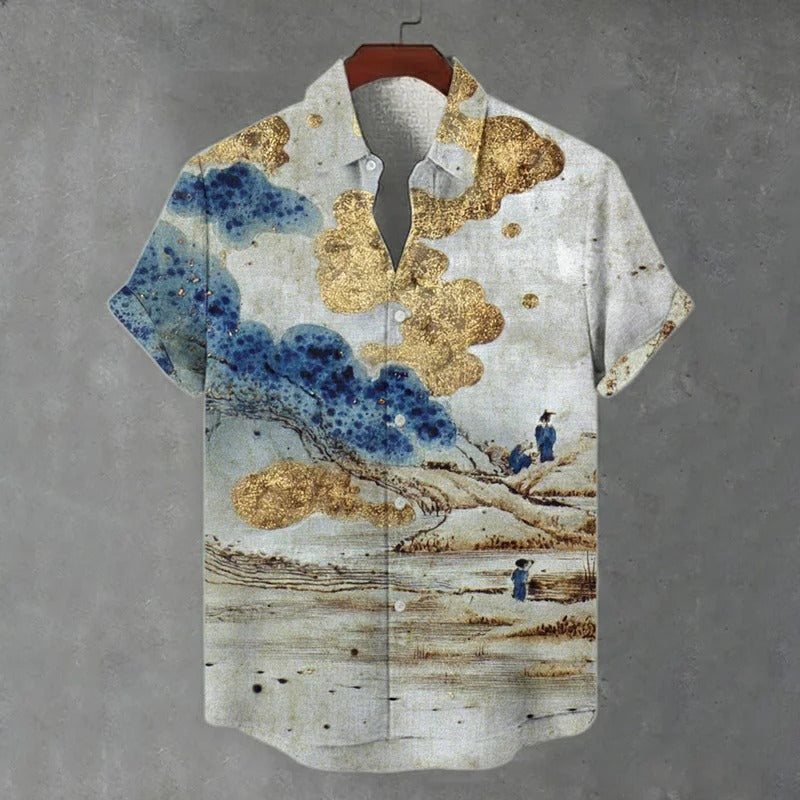 Japanese Landscape Art Linen Shirt – Gold Cloud Ukiyo-E Summer Button-Up