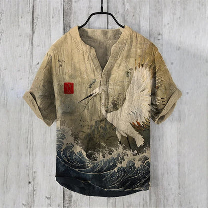 Japanese Crane Wave Linen Shirt – Vintage Ukiyo-E Style Summer Button-Up
