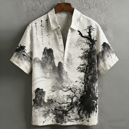 Ink Wash Landscape Linen Shirt – Japanese Sumi-E Minimalist Button-Up