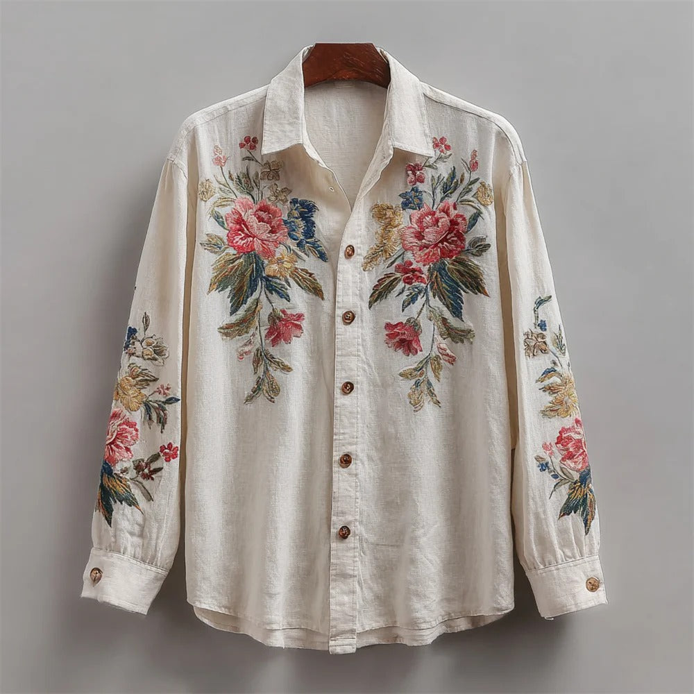 Vintage Floral Embroidered Linen Shirt – Elegant Botanical Long Sleeve Button-Up