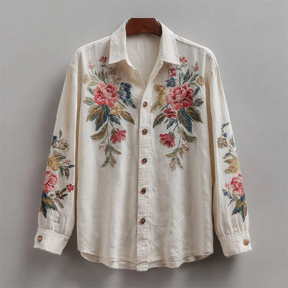 Vintage Floral Embroidered Linen Shirt – Elegant Botanical Long Sleeve Button-Up