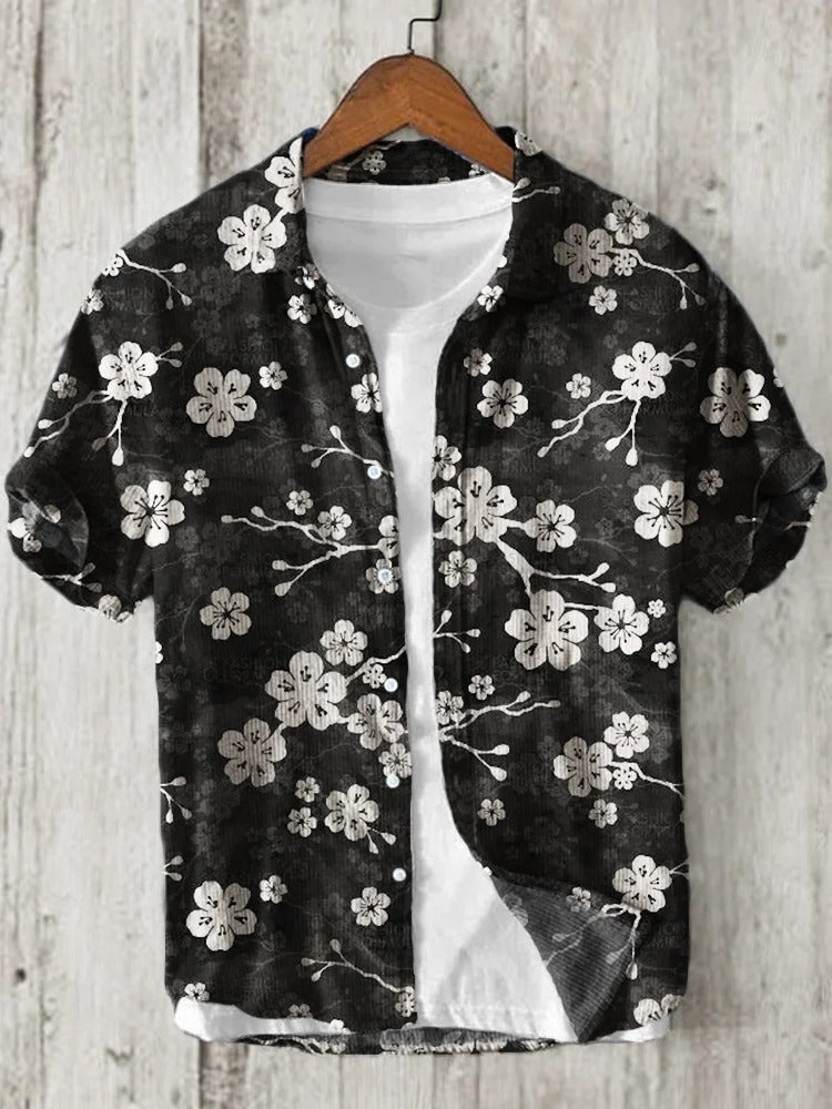 Black Sakura Floral Linen Shirt – Japanese Blossom Summer Button-Up